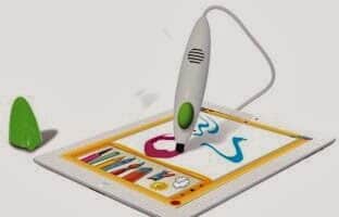 A white stylus pen with a green button draws colourful lines on a tablet screen displaying a drawing app with crayon icons. The pen’s cap lies nearby on a plain, light background. The drawing includes red, blue, and green squiggles.