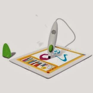 A white stylus pen with a green button draws colourful lines on a tablet screen displaying a drawing app with crayon icons. The pen’s cap lies nearby on a plain, light background. The drawing includes red, blue, and green squiggles.