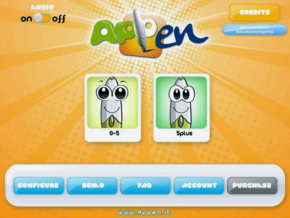 A colourful app menu screen with an orange background and burst pattern. Two cartoon pen icons are centred, labelled “0-5” and “5plus.” At the top left are audio on/off switches; at the bottom are blue and white buttons: Configure, Demo, FAQ, Account, Purchase.
