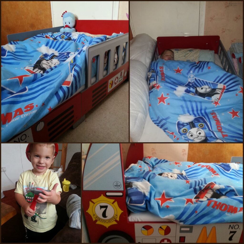 A collage of four photos: A toy fire engine-shaped bed with Thomas the Tank Engine bedding, a child lying in the bed covered with the same bedding, a smiling toddler holding a toy standing near the bed, and a close-up of the fire engine bed and blanket.