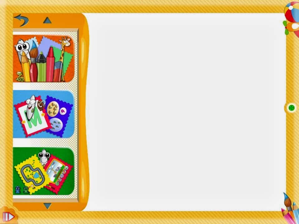 A colourful, cartoon-style drawing app for children. Left panel has three playful icons: coloured pencils, a smiling tooth art, and a toy train craft. The right side is a large blank white canvas, bordered by yellow and orange, with fun buttons and paint splashes.