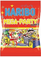 A red bag of Haribo Mega-Party Minis features colourful stars, a cartoon DJ with turntables, and a yellow price circle showing "£1". Small packs of Haribo sweets are visible inside, and "HARIBO MEGA-PARTY minis" is written boldly at the top.