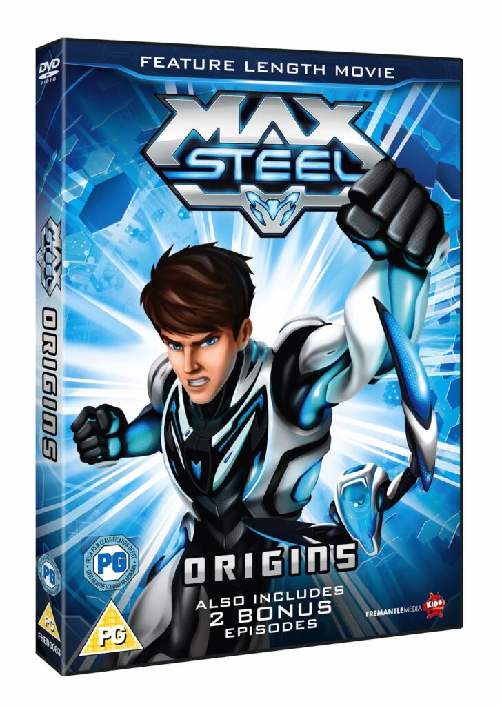 DVD cover for "Max Steel: Origins" featuring an animated superhero in a blue, black, and white suit with a clenched fist extended forward. The background is blue with energy effects. Text includes film rating (PG) and mention of 2 bonus episodes.