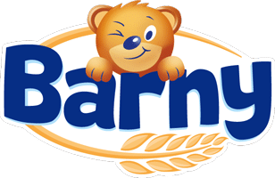 Logo with the word "Barny" in bold blue letters. Above the letters, a smiling, cartoon bear with orange-brown fur is winking and peeking over the text. At the bottom, there are two golden wheat stalks forming a curved underline.