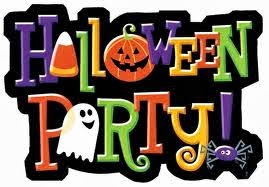 Colourful, playful “Halloween Party!” text with a candy corn as the “A,” a jack-o’-lantern as the “O,” a ghost as the “R,” and a purple spider by the exclamation mark, all on a black background. Festive, cartoonish style.