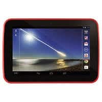 A black tablet with a red border displays a night scene of a bright meteor streaking across the sky over water. The tablet screen shows several app icons on the right side. The device is viewed from the front on a white background.