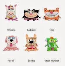 Six square-shaped plush toys are shown: a unicorn (white with a horn), a ladybird (red and black), a tiger (orange with stripes), a poodle (pink with floppy ears), a bulldog (tan with a collar), and a green monster with horns. Labels beneath each toy.