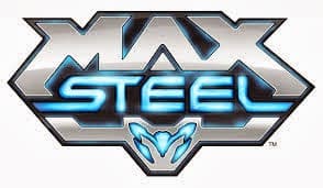 The image shows the "Max Steel" logo. "MAX" is written in bold metallic silver letters above "STEEL," which is in neon blue futuristic lettering with a blue emblem beneath, all set on a silver, metallic background.