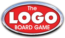 The image shows the oval logo for "The Logo Board Game" with white text on a red background. "The" is at the top, "LOGO" in large bold letters in the centre, and "BOARD GAME" below, all inside a shiny silver oval border.