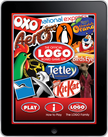 An iPad screen displays colourful UK brand logos, including Oxo, Aero, National Express, Tetley, Birds Eye, KitKat, Penguin, Terry’s Chocolate Orange and Tony the Tiger, with “The Official Logo Board Game App” title and red “Play” button at the bottom.