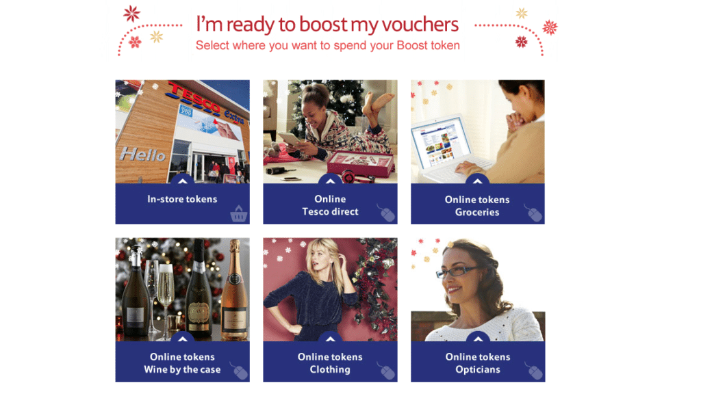 A festive-themed webpage offers six voucher options: In-store tokens, Online Tesco direct, Online tokens Groceries, Online tokens Wine by the case, Online tokens Clothing, and Online tokens Opticians, each shown with relevant images and icons.