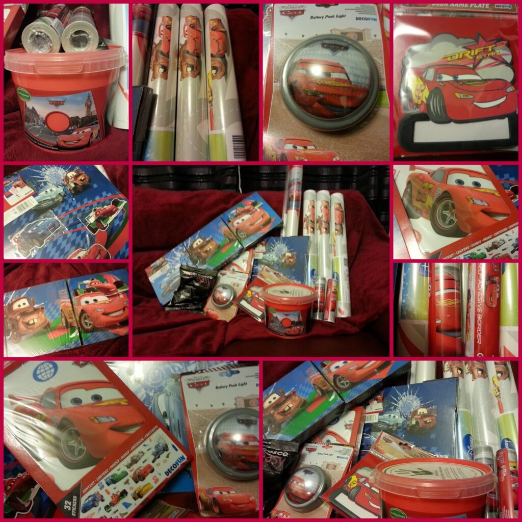 A collage of various Disney Pixar Cars-themed items, including wrapping paper, notebooks, stickers, a red bucket, badges, and toy packaging, all featuring characters like Lightning McQueen and Mater against a red fabric background.