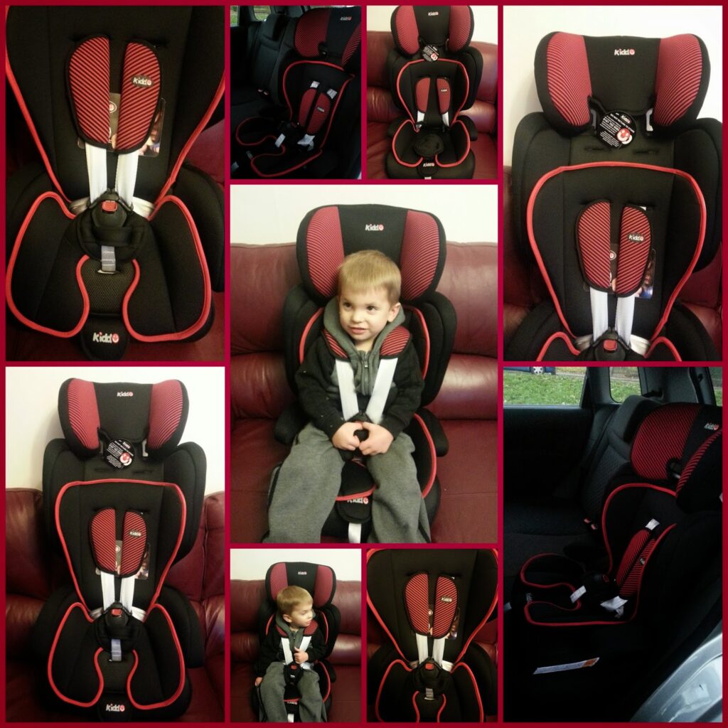 A collage features a young child sitting in a black and red Kiddo car seat, surrounded by multiple close-up shots of the same car seat from different angles, both in a car and indoors on a red sofa. The seat has a five-point harness and padded headrest.