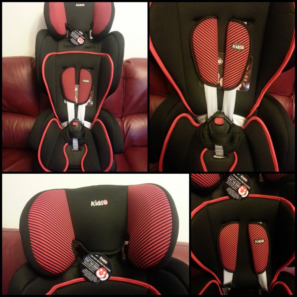 A collage of four images shows a black and red Kiddy brand child car seat on a maroon leather sofa. The seat features red accents, striped cushions, harness straps, and label tags, displayed from different angles and close-ups.