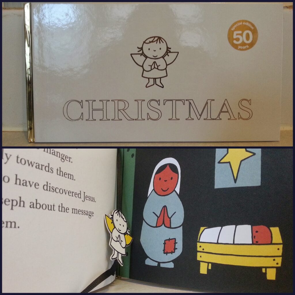 A book titled "CHRISTMAS" with a simple angel illustration on the cover. Inside, a pop-up angel is next to a drawing of Mary praying by baby Jesus in a manger under a yellow star. The book has minimalist, child-friendly artwork.