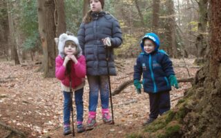 Three children stand in a forest with fallen leaves. Two girls, one in a pink jacket and cat hat, the other in a blue coat and maroon hat, hold walking sticks. A younger boy in a blue coat and gloves smiles, standing beside them. Tall trees surround them.
