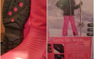 Split image: Left shows a close-up of a red winter boot with a textured sole. Right shows packaging for "Girls' Ski Wear," featuring a young girl in a black and pink ski outfit holding skis, with product details and icons underneath.