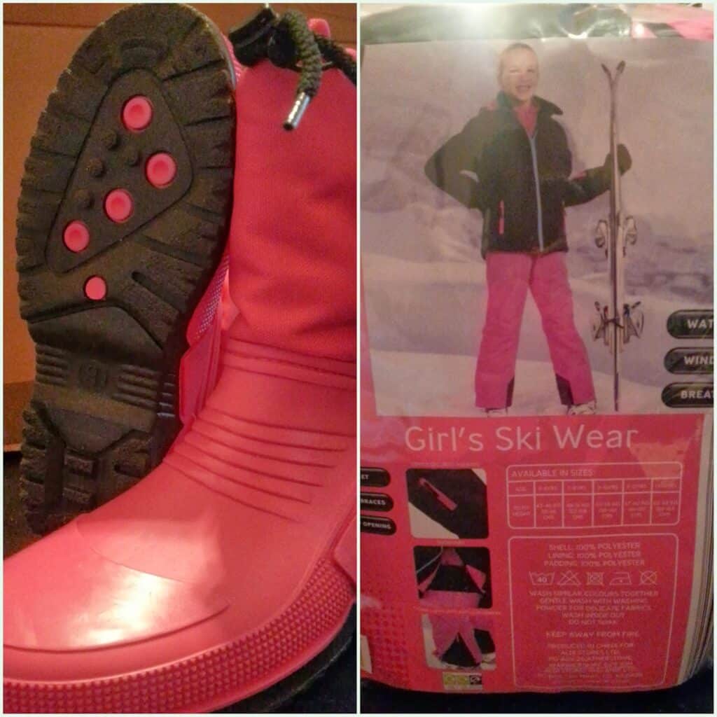 Split image: Left side shows a close-up of a pink winter boot with black tread. Right side shows packaging for a girl's ski wear set, featuring a girl in pink trousers and black jacket, holding skis, with product info and icons below her.