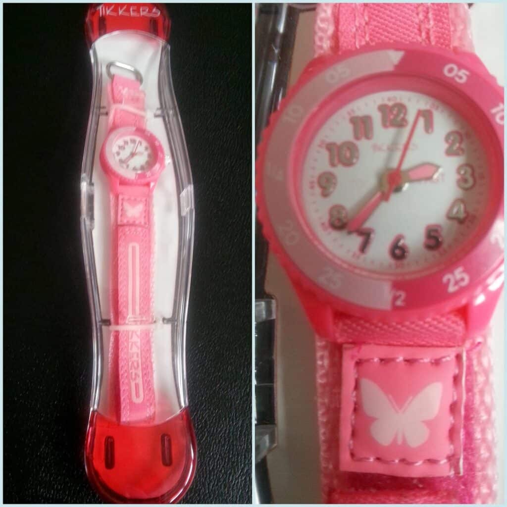 The image shows a pink children’s wristwatch with a butterfly on the strap. The left side displays the watch in clear packaging. The right side is a close-up, showing the red and pink numbers, the butterfly detail, and the pink and white watch face.