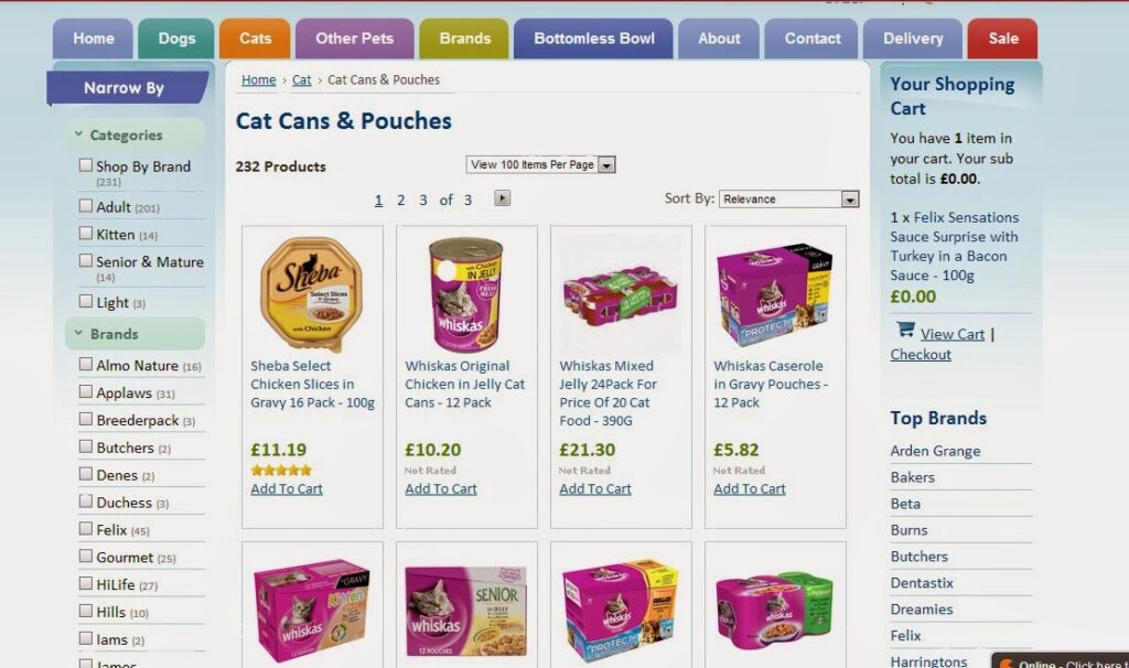 Screenshot of an online pet shop webpage displaying cat food tins and pouches. Various brands and products are shown with prices, images, and “Add to Basket” buttons. The left sidebar offers filters, and the right sidebar shows the shopping basket summary and top brands.