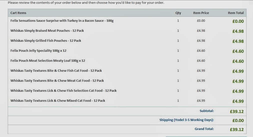 Screenshot of an online order summary showing cat food products and their prices. Multiple Felix and Whiskas pouches are listed, with varying quantities and prices. Delivery is £2.50. The grand total is £39.12. One Felix item is marked as £0.00.
