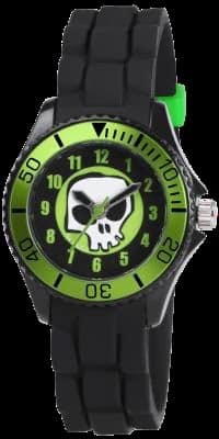 A black wristwatch with a green bezel and dial accents. The watch face features a large white skull in the centre and green numbers. The hour and minute hands are white. The strap is black with a matt, segmented texture.