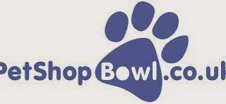 Logo for PetShopBowl.co.uk featuring the name in blue rounded letters. The word "Bowl" is inside a large blue paw print, serving as the palm, with the letters "B," "o," "w," and "l" fitting into the paw shape. White background.