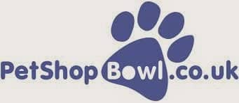 Logo for PetShopBowl.co.uk featuring the name in blue rounded letters. The word "Bowl" is inside a large blue paw print, serving as the palm, with the letters "B," "o," "w," and "l" fitting into the paw shape. White background.