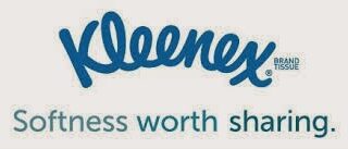 The image shows the Kleenex logo in bold blue script, with "BRAND TISSUE" in small print next to the logo. Below, grey text reads: "Softness worth sharing." The background is off-white and uncluttered.