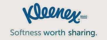 The image shows the Kleenex logo in bold blue script, with "BRAND TISSUE" in small print next to the logo. Below, grey text reads: "Softness worth sharing." The background is off-white and uncluttered.