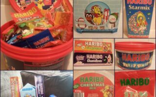 A collage of nine photos featuring various Haribo sweet packages, including tubs, bags, boxes, and themed assortments such as Party Time, Christmas Mix, Chamallows, Starmix, and Tangfastics, shown both unopened and opened with visible sweets.