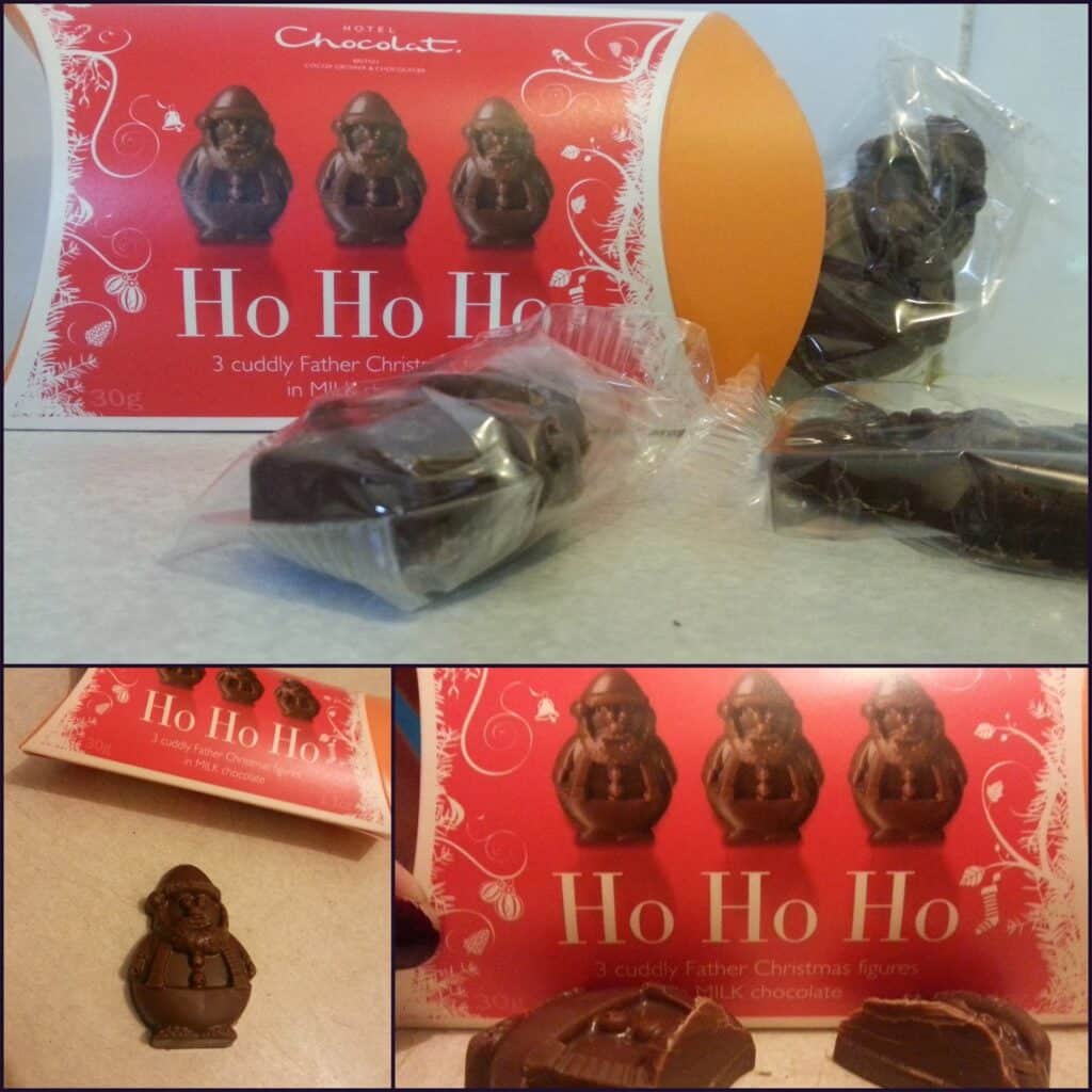 A box labelled “Ho Ho Ho! 3 cuddly Father Christmas figures in milk chocolate” lies open with three Santa-shaped chocolates, two in clear wrappers and one unwrapped. Close-ups show the chocolate Santa’s details, and the red festive packaging.