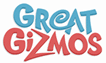 The image shows the words "Great Gizmos" in playful, bold letters. "Great" is written in blue, and "Gizmos" is in red. The style is whimsical and fun, suggesting a brand or company aimed at children or creative products.