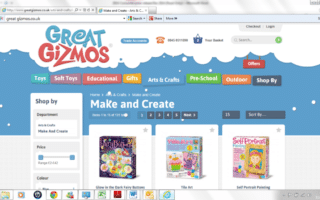 Screenshot of the “Make and Create” page on the Great Gizmos website. The page shows a blue cloud-themed header, navigation tabs for toy categories, product filters on the left, and images of children’s craft kits for sale in the main section.