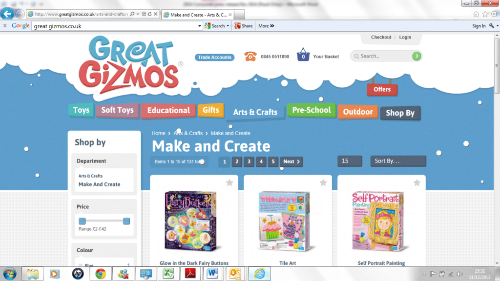 Screenshot of the “Make and Create” section on the Great Gizmos website, displaying colourful navigation tabs and three craft kits: Glow in the Dark Fairy Buttons, Tile Art, and Self Portrait Painting, with a blue, cloud-themed background.