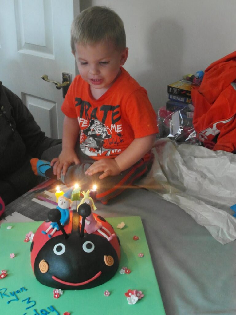 A young child wearing an orange “Pirate Time” shirt smiles at a ladybird-shaped birthday cake with candles and small figurines on top. The cake is on a green base with pink flowers and “3” written on it. Presents and clothes are visible in the background.