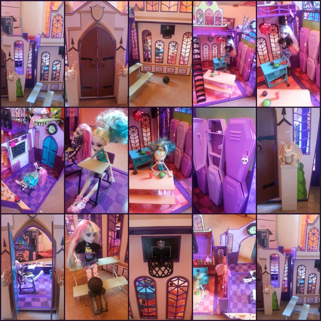 A collage of photos shows dolls posed in various rooms of a purple dollhouse school with lockers, desks, a basketball hoop, and large gothic windows. The dolls have colourful hair and are set in classroom, corridor, and gym scenes with miniature furniture.