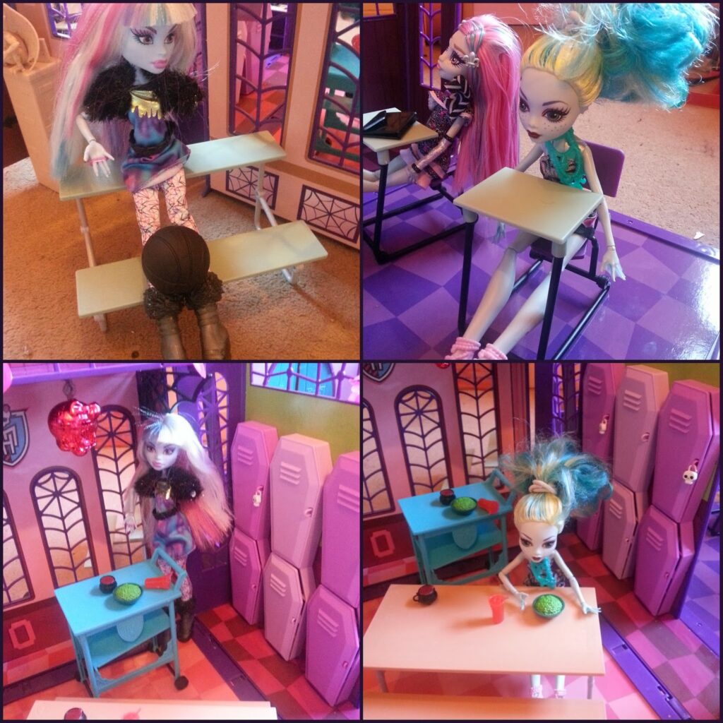 Four dolls with colourful hair and fashionable outfits sit at pastel desks in a doll-sized classroom and corridor. The rooms have purple floors, lockers, windows, and school props, creating a playful, school-themed scene for the dolls.