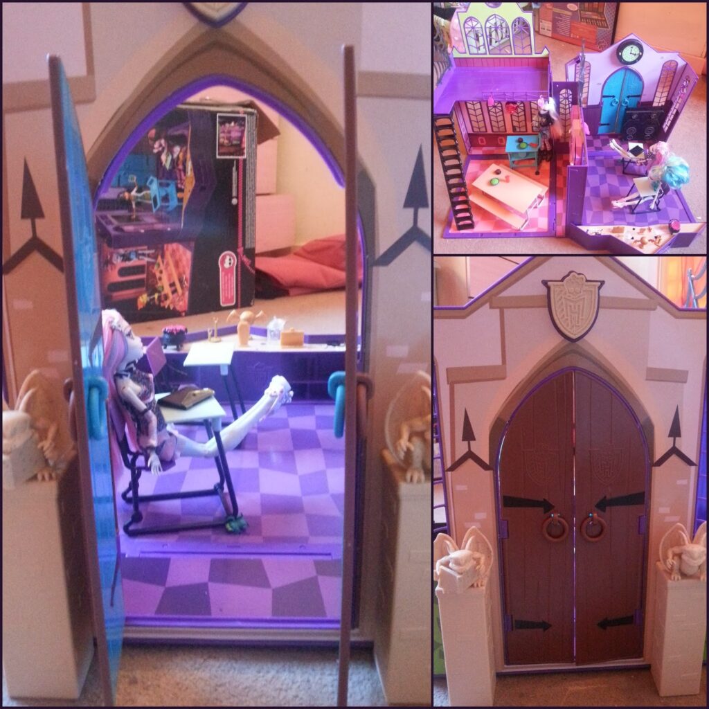 A dolls' house with Gothic-style doors, purple floor, and spooky decor. Left: open doors reveal a laboratory scene with dolls and equipment. Top right: dolls in a room with a bed and purple chequered floor. Bottom right: closed ornate doors with gargoyle statues.