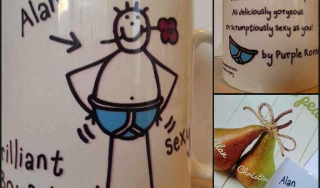 A mug with a cartoon figure in blue pants, labelled "Alan," "brilliant boyfriend," and "sexy." The collage also includes a close-up of a romantic poem on the mug and pears labelled "Alan" and "Christine.