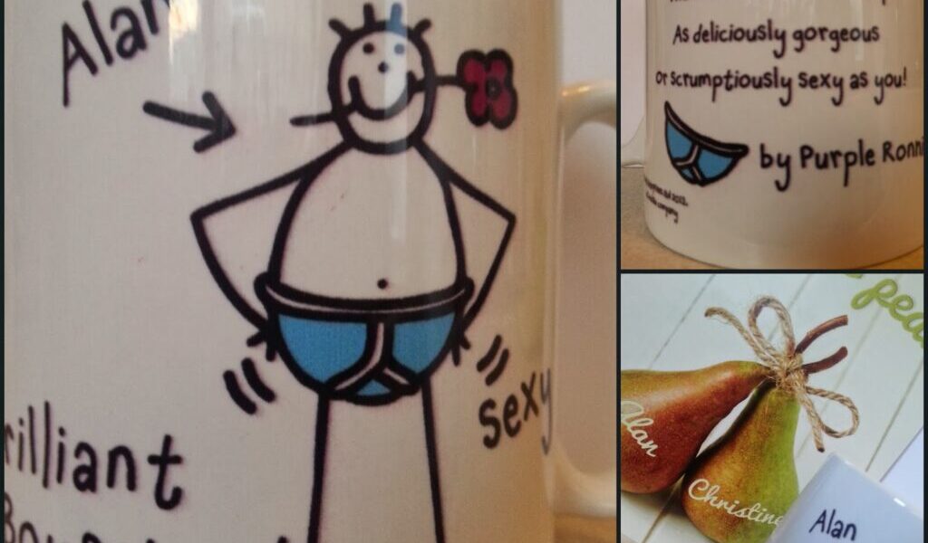 A mug with a cartoon figure in blue pants, labelled "Alan," "brilliant boyfriend," and "sexy." The collage also includes a close-up of a romantic poem on the mug and pears labelled "Alan" and "Christine.