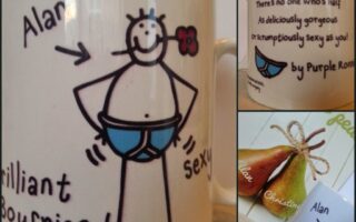 A mug with a cartoon figure in blue pants, labelled "Alan," "brilliant boyfriend," and "sexy." The collage also includes a close-up of a romantic poem on the mug and pears labelled "Alan" and "Christine.