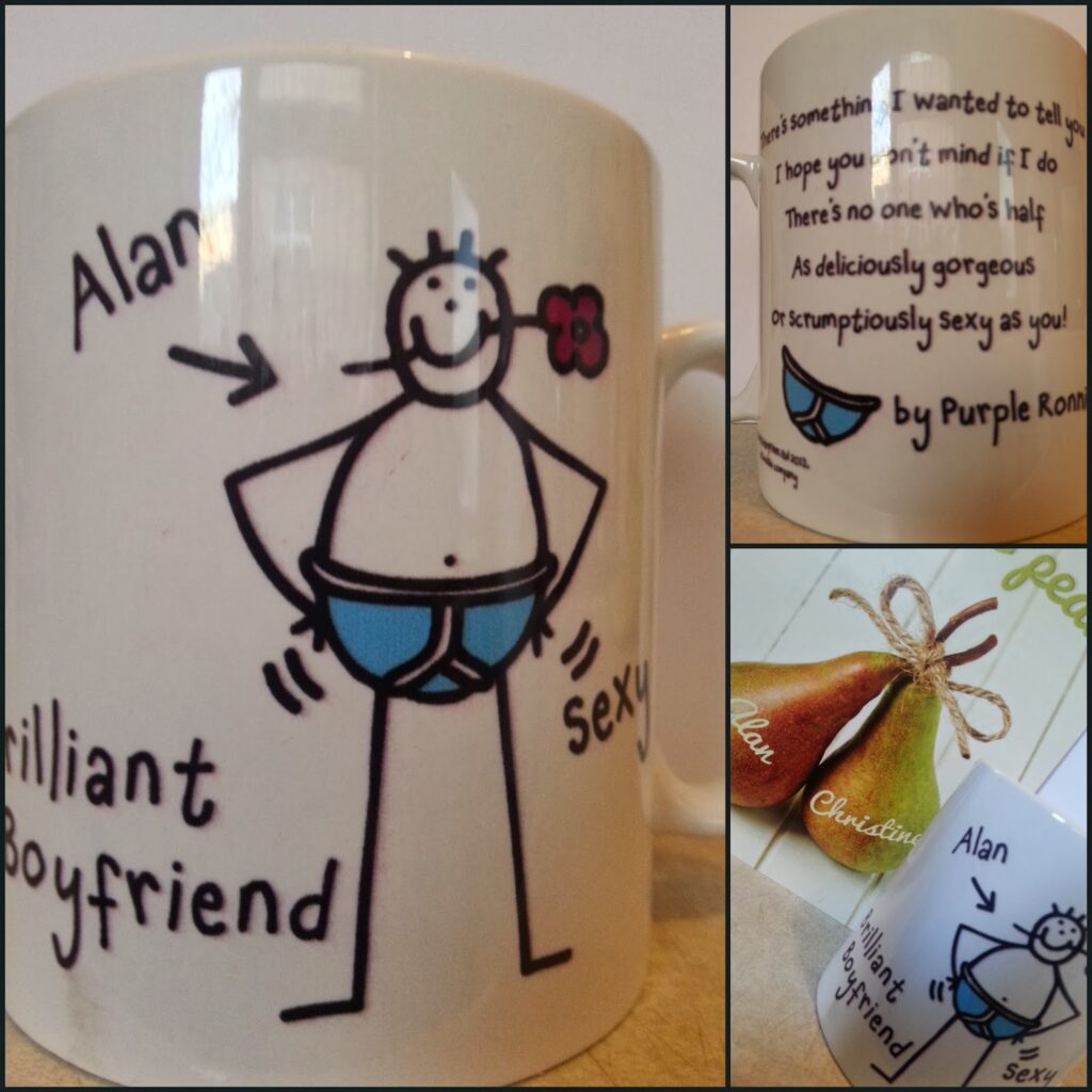 A white mug displays a stick figure of a smiling man in blue pants, labelled "Alan," with text “Brilliant Boyfriend” and “Sexy.” Other angles show a humorous message, a pair of pears labelled “Alan” and “Christine,” and more mug details.