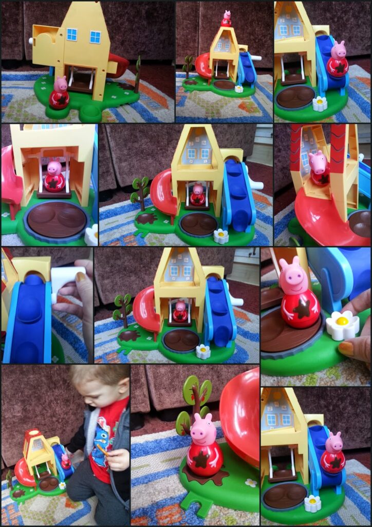 A collage of photos shows a Peppa Pig toy house playset with blue slide. Peppa Pig figurine is featured throughout, sometimes on a ride, near the house, or on the grass. In one photo, a child plays with the toys on a colourful carpet.