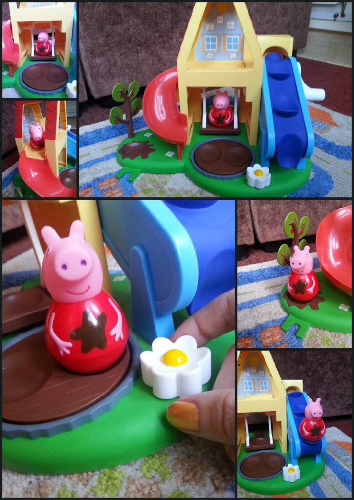 A collage of six photos shows a Peppa Pig toy figure at a yellow toy house playset. The playset includes a red slide, blue stairs, a brown swing, green ground, a white daisy, and a leafy plant on a colourful rug. A hand touches the daisy in one image.