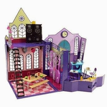 A colourful dolls' house with gothic-style windows, ladders, a dining table with plates, a purple bunk bed, a study area, and a clock on the wall. The rooms have pink, purple, and yellow walls and decorative accents.