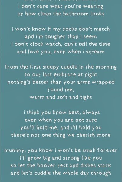 A turquoise poster with white text presents a heartfelt poem from a child to their mother about love and comfort. Small white hearts border the poster. At the bottom, a Fairy fabric conditioner logo appears above the tagline, "EMBRACE THE POWER OF SOFT.