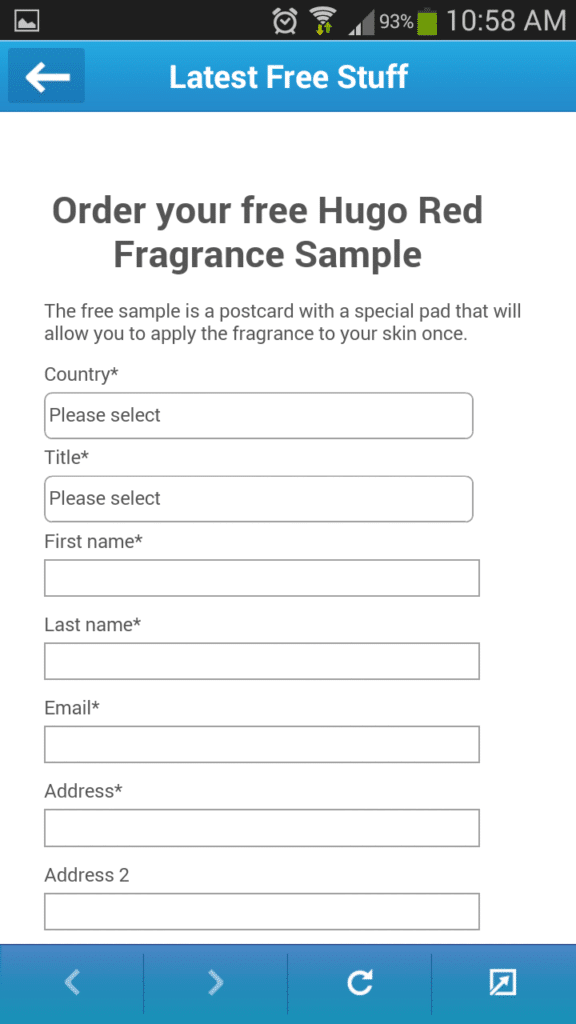 A mobile screen displays a form titled “Order your free Hugo Red Fragrance Sample.” The form asks for country, title, first name, surname, email, and address. A blue banner at the top reads “Latest Free Stuff.” The phone’s status bar shows 93% battery at 10:58 am.