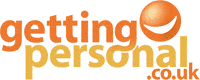 The logo shows the words "getting personal" in a gradient from orange to yellow, with ".co.uk" in orange below "personal." The letter "o" in "personal" is a stylised orange sphere with a white, curved line resembling a smile.