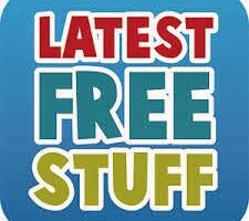 A rounded blue square features the words "LATEST FREE STUFF" in bold, uppercase letters. "LATEST" is red, "FREE" is teal, and "STUFF" is olive green. The text is centred and stacked, with a white outline around each word.
